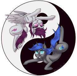 Size: 2538x2486 | Tagged: safe, artist:jessicanyuchi, oc, oc only, oc:grey sky, oc:snow dust, pegasus, pony, unicorn, armpits, high res, yin-yang