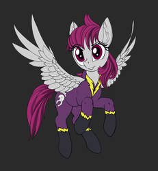 Size: 1280x1383 | Tagged: safe, alternate version, artist:lunebat, oc, oc:grey sky, pegasus, pony, clothes, costume, dark background, flight suit, shadowbolts, shadowbolts (nightmare moon's minions), shadowbolts costume