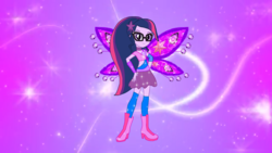 Size: 1334x750 | Tagged: safe, artist:gouhlsrule, artist:user15432, sci-twi, twilight sparkle, fairy, human, equestria girls, g4, alternate hairstyle, believix, boots, clothes, crossover, element of magic, fairy wings, fairyized, glasses, hairstyle, hasbro, hasbro studios, high heel boots, high heels, humanized, pink shoes, purple wings, rainbow s.r.l, shoes, socks, solo, sparkly background, thigh highs, winged humanization, wings, winx, winx club, winxified