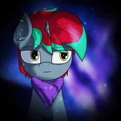 Size: 2048x2048 | Tagged: safe, oc, oc only, oc:voxel, pony, unicorn, aurora borealis, bust, clothes, dark, ear piercing, earring, high res, jewelry, looking away, piercing, portrait, sad, snow, snowfall, solo, winter