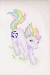 Size: 733x1090 | Tagged: safe, artist:elisto, windy (g1), pony, unicorn, g1, female, rainbow ponies, solo, traditional art
