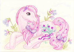 Size: 900x641 | Tagged: safe, artist:elisto, dainty, pony, g1, bow, female, flower, solo, sweetheart sister ponies, traditional art