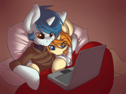 Size: 2651x1980 | Tagged: safe, artist:jarwis, oc, oc only, oc:jarv, oc:whoop, pony, unicorn, blanket, computer, cuddling, cute, explicit source, gay, holiday, laptop computer, male, netflix, netflix and chill, snuggling, valentine's day