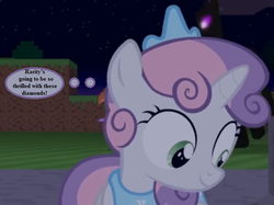Size: 730x546 | Tagged: safe, artist:jan, sweetie belle, enderman, enderpony, pony, unicorn, don't mine at night, g4, cropped, endermane, implied rarity, jewelry, minecraft, oblivious sweetie belle, ponified, text, thought bubble, tiara
