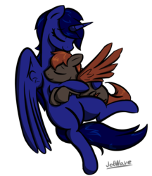 Size: 984x1141 | Tagged: safe, artist:jetwave, oc, oc:crimson wings, oc:eos, alicorn, pegasus, pony, fallout equestria, fallout equestria: broken bonds, alicorn oc, artificial alicorn, blue alicorn (fo:e), cuddling, cutie mark, duo, eyes closed, fanfic, fanfic art, female, hooves, horn, hug, male, mare, simple background, stallion, transparent background, wings