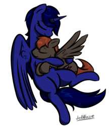 Size: 984x1141 | Tagged: safe, artist:jetwave, oc, oc:crimson wings, oc:eos, alicorn, pegasus, pony, fallout equestria, fallout equestria: broken bonds, alicorn oc, artificial alicorn, author cuddling his oc, blue alicorn (fo:e), cuddling, cutie mark, duo, eyes closed, fanfic, fanfic art, female, hooves, horn, hug, male, mare, simple background, stallion, transparent background, wings
