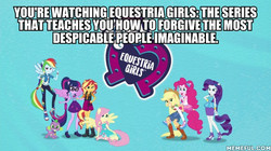 Size: 600x337 | Tagged: safe, edit, edited screencap, screencap, applejack, fluttershy, pinkie pie, rainbow dash, rarity, sci-twi, spike, spike the regular dog, sunset shimmer, twilight sparkle, dog, human, equestria girls, g4, my little pony equestria girls: better together, caption, clothes, converse, equestria girls logo, geode of empathy, geode of fauna, geode of shielding, geode of super speed, geode of super strength, geode of telekinesis, humane five, humane seven, humane six, image macro, intro, logo, magical geodes, memeful.com, ponied up, shoes, sneakers, text, wings