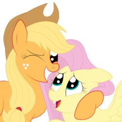 Size: 3000x3000 | Tagged: safe, artist:squipycheetah, part of a set, applejack, fluttershy, earth pony, pegasus, pony, g4, alternate color palette, applejack's hat, cowboy hat, cute, fangs, female, flutterbat, freckles, hat, high res, hug, lesbian, looking down, looking up, mare, one eye closed, open mouth, raised hoof, ship:appleshy, shipping, simple background, smiling, spread wings, stetson, transparent background, wings, wink