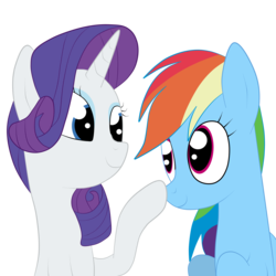 Size: 3000x3000 | Tagged: safe, artist:squipycheetah, part of a set, rainbow dash, rarity, pegasus, pony, unicorn, g4, rarity investigates, boop, cute, female, folded wings, happy, high res, lesbian, looking down, looking up, mare, noseboop, raised hoof, ship:raridash, shipping, simple background, smiling, transparent background, wings