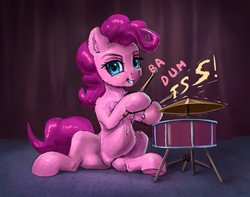 Size: 1396x1101 | Tagged: safe, artist:xbi, pinkie pie, earth pony, pony, baby cakes, ba dum tss, cymbals, drum kit, drums, female, hoof hold, looking at you, mare, musical instrument, rimshot, scene interpretation, sitting, solo