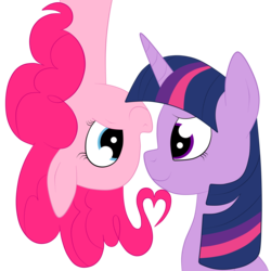 Size: 3000x3000 | Tagged: safe, artist:squipycheetah, part of a set, pinkie pie, twilight sparkle, alicorn, pegasus, pony, g4, cute, eye contact, female, folded wings, happy, heart, high res, in which pinkie pie forgets how to gravity, lesbian, looking at each other, mare, pinkie being pinkie, pinkie physics, ship:twinkie, shipping, simple background, smiling, transparent background, twilight sparkle (alicorn), upside down