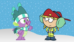 Size: 1920x1090 | Tagged: artist needed, safe, spike, dragon, best gift ever, g4, boots, clothes, coat, crossover, earmuffs, hat, lana loud, scarf, shoes, striped scarf, the loud house, winged spike, wings, winter outfit