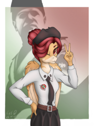 Size: 1500x2000 | Tagged: safe, artist:catdclassic, oc, oc only, oc:peach, pegasus, anthro, benito mussolini, clothes, fascism, gioventù italiana del littorio, meeting, peace sign, skirt, solo, uniform