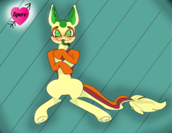 Size: 1274x983 | Tagged: safe, artist:spero, oc, oc:non toxic, monster pony, original species, tatzlpony, blushing, ear fluff, eyebrows, green eyes, long tail, looking at you, male, on floor, shadow, soles, spread legs, spreading, tongue out, vignette