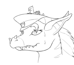 Size: 1125x992 | Tagged: safe, artist:theandymac, oc, oc only, oc:der, oc:floofy, dragon, griffon, duo, hat, licking, licking lips, micro, monochrome, security guard, sketch, sweatdrop, tongue out