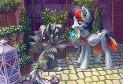 Size: 2244x1535 | Tagged: safe, artist:holivi, oc, oc only, pegasus, pony, g4, apron, clothes, commission, female, flower, looking at each other, male, mare, multiple wings, smiling, stallion