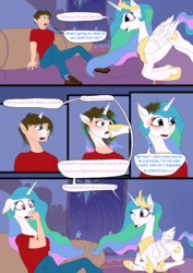 Size: 1240x1754 | Tagged: safe, artist:settop, princess celestia, alicorn, human, g4, clothes, dialogue, female, human male, human to pony, light skin, male, male to female, mare, pants, rule 63, shirt, speech bubble, transformation, transgender transformation, twinning