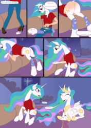 Size: 1240x1754 | Tagged: safe, artist:settop, princess celestia, alicorn, human, g4, clothes, dialogue, featureless crotch, female, human to pony, male to female, mare, pants, ripped, ripped pants, ripped shirt, ripped socks, ripping clothes, rule 63, shirt, socks, speech bubble, torn clothes, torn socks, transformation, transgender transformation, twinning