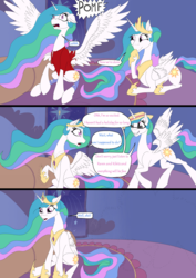 Size: 1240x1754 | Tagged: safe, artist:settop, princess celestia, alicorn, human, g4, dialogue, female, human to pony, male to female, mare, pomf, post-transformation, rule 63, speech bubble, transformation, transgender transformation, twinning