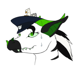 Size: 1125x1024 | Tagged: safe, artist:theandymac, artist:tinibirb, color edit, edit, oc, oc only, oc:der, oc:floofy, dragon, griffon, color, colored, duo, hat, licking, licking lips, micro, security guard, sketch, sweatdrop, tongue out