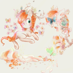 Size: 900x900 | Tagged: safe, artist:pinkablue, oc, oc only, oc:flowering, butterfly, pony, eyes closed, flower, flower in hair, happy, one eye closed, petals, solo, wink