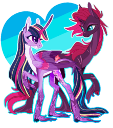 Size: 600x680 | Tagged: safe, artist:creeate97, tempest shadow, twilight sparkle, alicorn, classical unicorn, pony, unicorn, g4, my little pony: the movie, abstract background, alternate design, broken horn, cloven hooves, colored hooves, cutie mark, duo, duo female, eye scar, female, heart, heart background, horn, leonine tail, lesbian, looking at each other, looking back, mare, raised hoof, scar, ship:tempestlight, shipping, simple background, transparent background, twilight sparkle (alicorn), unshorn fetlocks, wings