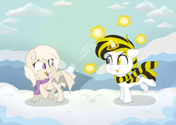 Size: 7035x4986 | Tagged: safe, artist:raspberrystudios, oc, oc only, oc:troggler, bat pony, pony, absurd resolution, bat pony oc, clothes, female, laughing, magic, male, mare, running, scarf, snow, snowball, snowball fight, stallion, tongue out, winter