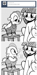 Size: 722x1440 | Tagged: safe, artist:mamatwilightsparkle, spike, twilight sparkle, tumblr:mama twilight sparkle, g4, ask, baby, baby spike, comic, cute, grayscale, monochrome, overalls, spikabetes, tumblr