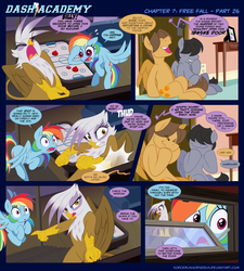 Size: 1164x1291 | Tagged: safe, artist:sorcerushorserus, gilda, hoops, quarterback, rainbow dash, griffon, pegasus, pony, comic:dash academy, g4, abrupt ending, air hockey, basement, comic, couch, female, male, mare, photo, stallion