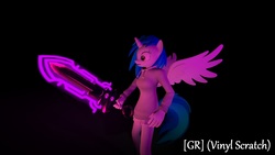 Size: 1920x1080 | Tagged: safe, artist:gr-vinyl-scratch, dj pon-3, vinyl scratch, anthro, g4, 3d, clothes, cursed, jacket, shadow, source filmmaker, stunned, sword, vinylcorn, weapon