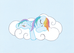 Size: 2147x1537 | Tagged: safe, artist:malte279, rainbow dash, pony, g4, cloud, female, gel pen, sleeping, solo