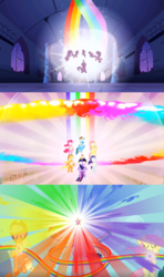 Size: 1280x2160 | Tagged: safe, edit, edited screencap, screencap, applejack, fluttershy, pinkie pie, rainbow dash, rarity, twilight sparkle, pony, friendship is magic, g4, keep calm and flutter on, the return of harmony, analysis, castle of the royal pony sisters, comparison, elements of harmony, mane six, the elements in action