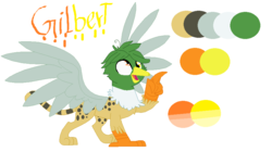 Size: 889x499 | Tagged: safe, artist:latiapainting, oc, oc only, oc:gilbert, cheetah, duck, griffon, derp, griffon oc, heterochromia, reference sheet, solo