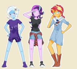 Size: 3281x2950 | Tagged: safe, artist:noahther, starlight glimmer, sunset shimmer, trixie, equestria girls, g4, beanie, boots, clothes, converse, counterparts, hat, high res, legs, looking at you, magical trio, new outfit, one eye closed, shirt, shoes, shorts, simple background, smiling, sneakers, trio, twilight's counterparts, wink