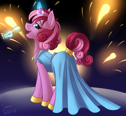 Size: 1280x1177 | Tagged: safe, artist:sugaryviolet, oc, oc only, oc:sugary violet, pony, alcohol, champagne, clothes, dress, fireworks, magic, new year, tail wrap, telekinesis, wine