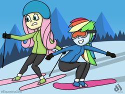 Size: 1600x1200 | Tagged: safe, artist:djgames, fluttershy, rainbow dash, equestria girls, g4, clothes, goggles, helmet, mountain, pants, skiing, skis, snow, snowboarding