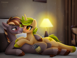 Size: 1138x854 | Tagged: safe, artist:scheadar, oc, oc only, earth pony, pony, unicorn, bed, bedroom, blushing, commission, cuddling, female, lamp, looking at each other, lying down, male, mare, oc x oc, on back, shipping, snuggling, stallion, straight, unshorn fetlocks