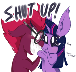 Size: 1808x1724 | Tagged: safe, artist:dragonpone, derpibooru exclusive, tempest shadow, twilight sparkle, alicorn, pony, unicorn, g4, my little pony: the movie, angry, belly button, bloodshot eyes, blushing, boop, dialogue, ear fluff, female, floppy ears, glasses, heart, lesbian, magic, mare, nose wrinkle, noseboop, open mouth, sharp teeth, ship:tempestlight, shipping, shrunken pupils, simple background, smiling, starry eyes, teeth, transparent background, twilight sparkle (alicorn), wavy mouth, wingding eyes