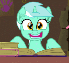 Size: 237x219 | Tagged: safe, artist:snapai, lyra heartstrings, pony, unicorn, fanfic:anthropology, g4, animated, book, cute, female, looking at you, mare, solo, title drop, youtube link