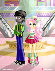 Size: 3090x4000 | Tagged: safe, artist:dieart77, fluttershy, oc, equestria girls, g4, blushing, canon x oc, clothes, converse, female, hands behind back, hat, male, pants, shirt, shoes, smiling, sneakers, straight