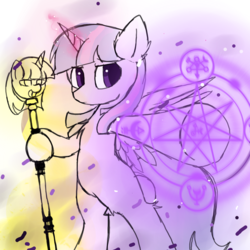 Size: 1400x1400 | Tagged: safe, artist:heddopen, twilight sparkle, alicorn, pony, g4, angry, female, magic, scepter, solo, staff, twilight scepter, twilight sparkle (alicorn), wings