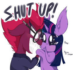 Size: 1808x1724 | Tagged: safe, alternate version, artist:dragonpone, derpibooru exclusive, tempest shadow, twilight sparkle, alicorn, pony, unicorn, g4, my little pony: the movie, angry, belly button, bloodshot eyes, blushing, boop, clothes, dialogue, ear fluff, female, floppy ears, glasses, heart, lesbian, magic, mare, nose wrinkle, noseboop, open mouth, sharp teeth, ship:tempestlight, shipping, shrunken pupils, simple background, smiling, starry eyes, sweater, teeth, transparent background, twilight sparkle (alicorn), wavy mouth, wingding eyes
