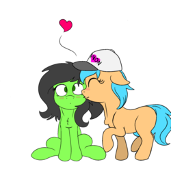 Size: 600x600 | Tagged: artist needed, dead source, safe, oc, oc only, oc:filly anon, oc:little league, pony, baseball cap, blushing, cap, cheek kiss, chest fluff, female, filly, hat, heart, kissing, lesbian, raised hoof, shipping, simple background, sitting, standing, surprise kiss, surprised, transparent background, wide eyes