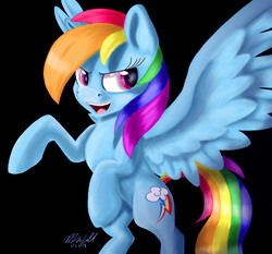 Size: 1397x1300 | Tagged: safe, artist:mcmeg29, rainbow dash, pegasus, pony, g4, black background, female, mare, open mouth, signature, simple background, solo