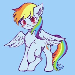 Size: 500x500 | Tagged: safe, artist:tsukuda, rainbow dash, pegasus, pony, g4, blue background, blushing, chest fluff, female, looking at you, mare, raised hoof, simple background, smiling, solo