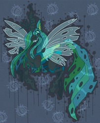 Size: 1111x1365 | Tagged: safe, artist:aftermath-bee, queen chrysalis, changeling, changeling queen, g4, abstract background, evil smile, fangs, female, grin, mare, smiling, solo, spread wings, wings
