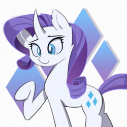 Size: 1359x1359 | Tagged: safe, artist:deafpunk, rarity, pony, unicorn, g4, curved horn, cutie mark background, ear fluff, female, horn, mare, raised hoof, simple background, smiling, solo
