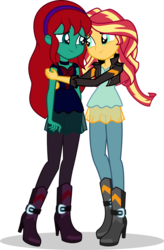 Size: 656x998 | Tagged: safe, artist:mlp-trailgrazer, sunset shimmer, oc, oc:harmony dancer, equestria girls, g4, clothes, equestria girls-ified, hug, jacket, leather jacket, pants, simple background, transparent background, vector