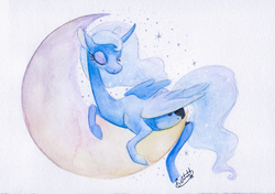 Size: 4989x3511 | Tagged: safe, artist:getchanoodlewet, princess luna, alicorn, pony, g4, eyes closed, female, folded wings, lying, mare, moon, solo, stars, tangible heavenly object, traditional art