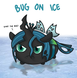 Size: 1019x1024 | Tagged: safe, artist:sugar morning, derpibooru exclusive, queen chrysalis, changeling, changeling queen, insect, g4, angry eyes, blob, chibi, chubbie, cute, cutealis, dialogue, fangs, female, funny, ice, meme, reflection, simple background, solo, weird